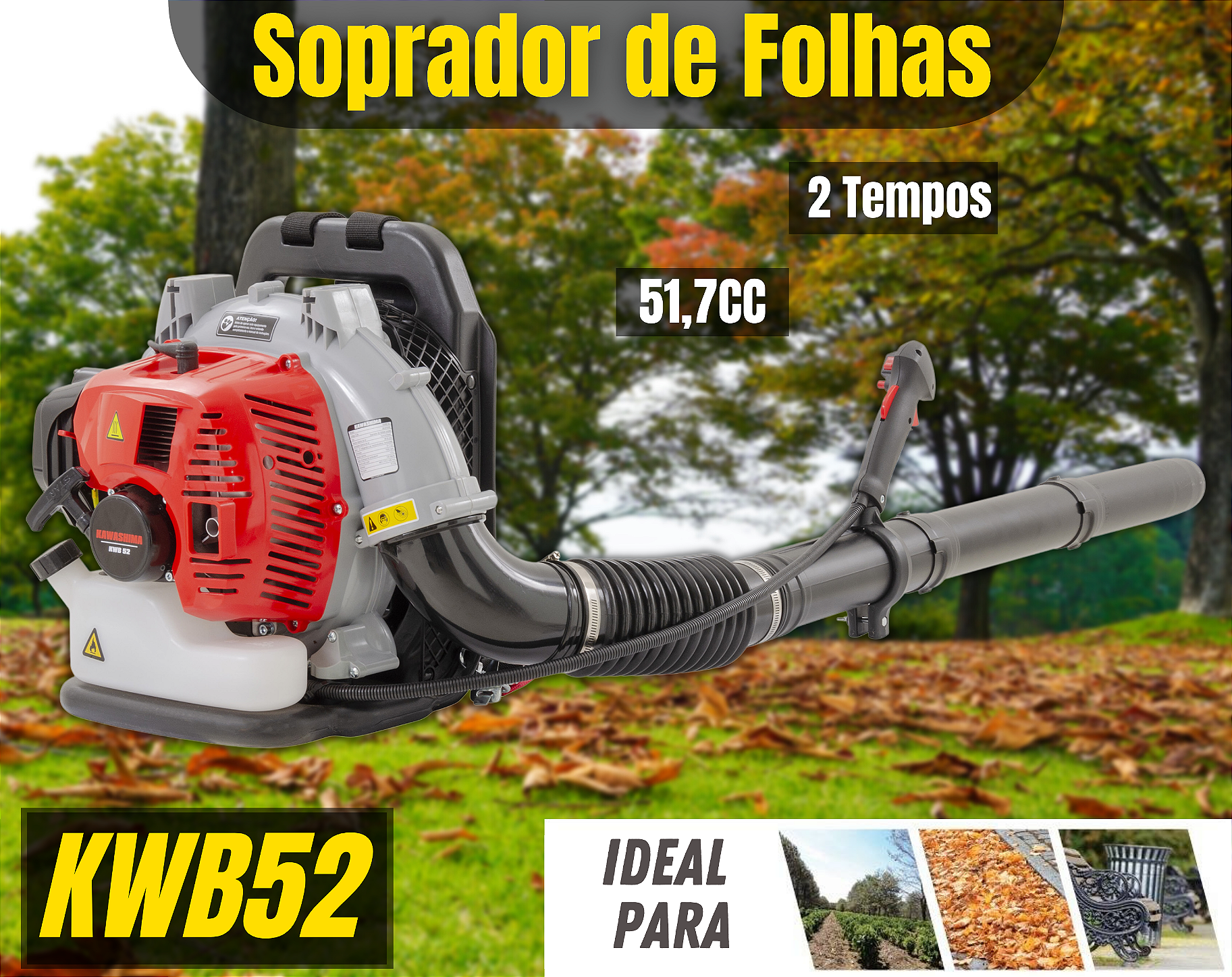 Soprador de Folhas Costal Kawashima KWB52 À Gasolina 51,7cc 16,2m3